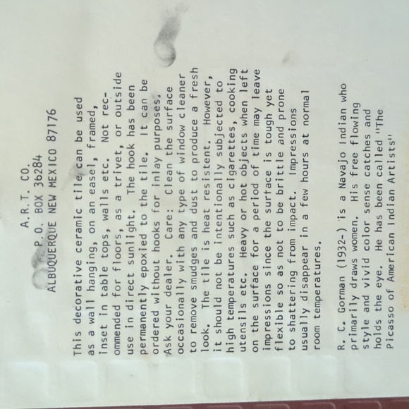 RC Gorman Ceramic Art Tile Zia Wall Hanging Large Size 12x12 Native American - Picture 3 of 5